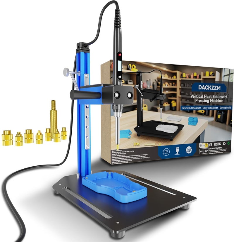 DACKZZM Heat Set Insert Tool with 80w Soldering Iron Vertical Heat Pressing Machine 8PCS Brass Tips Threaded Inserts Tool M2-M8 for 3D Printed Part, DIY, Plastic Components, Blue - Image 1